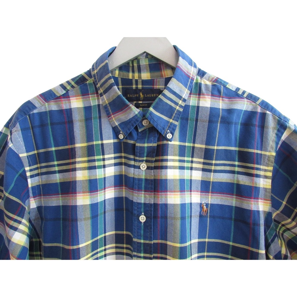 Ralph Lauren Mens 2XL Slim Fit Short Sleeve Plaid Button Down Shirt Blue Yellow - Picture 3 of 8